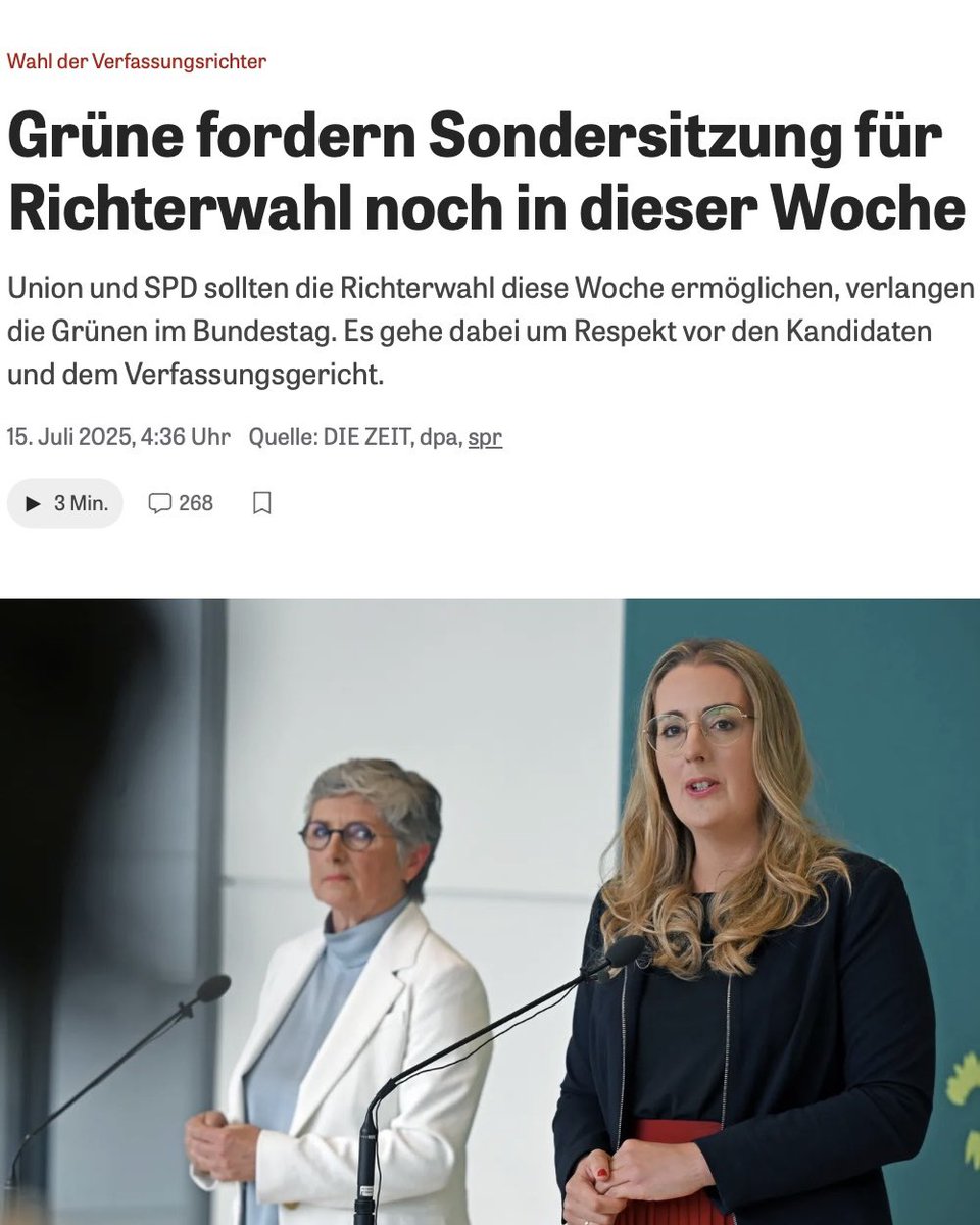 Wir halten es für unverantwortlich, die Wahlen für das Verfassungsgericht über Wochen offen zu lassen. Deshalb fordern wir eine zeitnahe Sondersitzung des Bundestags.

Es ist eine Frage des Respekts den Kandidierenden gegenüber, schnell zu entscheiden.

zeit.de/politik/deutsc…