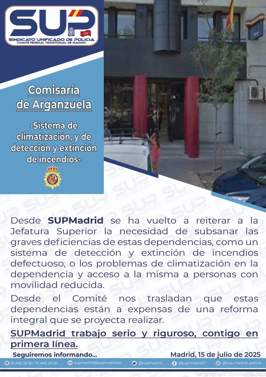 🔧 ¡Basta de esperar! 🔥❄️

⚠️En pleno julio, nuestros compañeros en #Arganzuela siguen sin climatización ni sistema antiincendios, vulnerando el R.D. 486/1997 sobre condiciones térmicas y de seguridad

🔊Desde #SUPMadrid exigimos una solución inmediata #SupInfraestructurasDignas