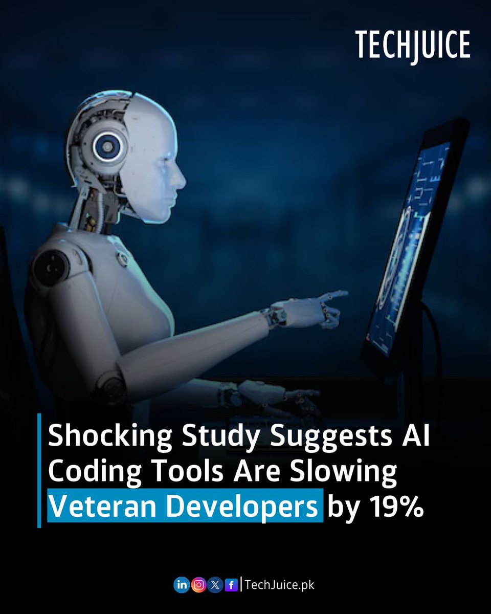 TechJuicePk's tweet image. AI coding tools reduced productivity by 19% in a new METR study, even though devs felt 20% faster.
Turns out, more time was spent prompting, debugging, and fixing AI errors than actually coding.
#AI #CodingTools #Claude #DeveloperProductivity #METR