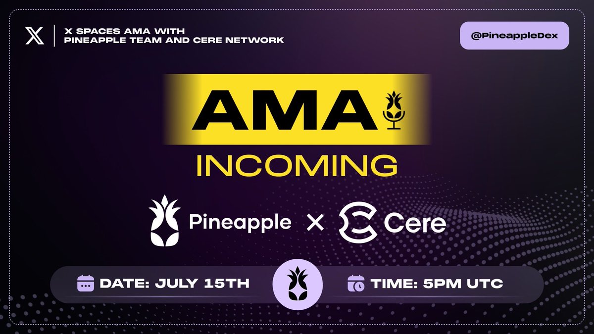 Cere Network (@cereofficial) on Twitter photo We’ve partnered with <a href="/PineappleDex/">Pineapple $PAPPLE</a> to solve one of crypto’s biggest problems: turning hype into real on-chain action.
Smarter campaigns. Measurable results. And value flowing back to $PAPPLE stakers.
Our own <a href="/MartijnBroersma/">Martijn Broersma</a> will be there to break it all down.
Join us for the We’ve partnered with <a href="/PineappleDex/">Pineapple $PAPPLE</a> to solve one of crypto’s biggest problems: turning hype into real on-chain action.
Smarter campaigns. Measurable results. And value flowing back to $PAPPLE stakers.
Our own <a href="/MartijnBroersma/">Martijn Broersma</a> will be there to break it all down.
Join us for the
