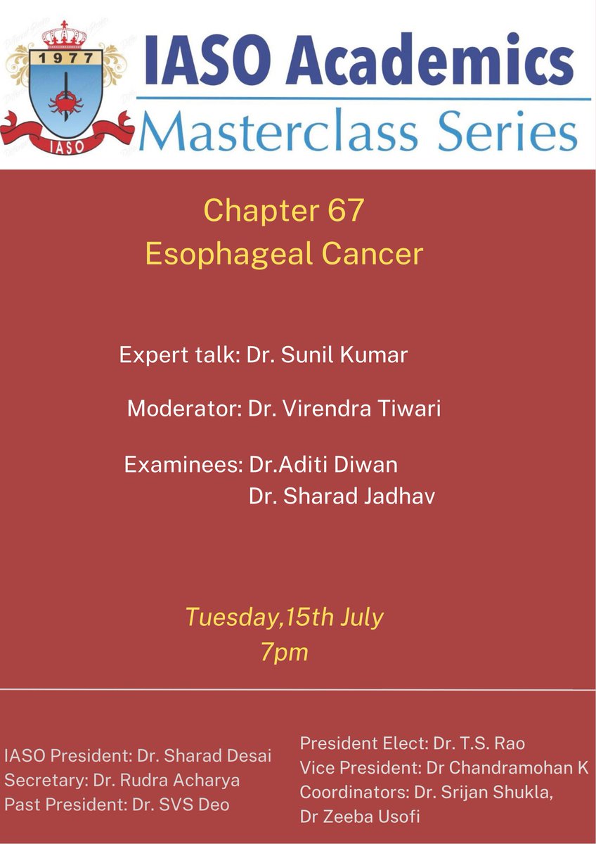 Tonight at 7! Join us live for an excellent Case Based Discussion on Esophageal Cancer

Expert talk by Dr. Sunil Kumar (AIIMS, New Delhi)
Moderation by Dr. Virendra Tiwari (TMH,Mumbai)
Register in advance for this webinar:

zoom.us/webinar/regist…