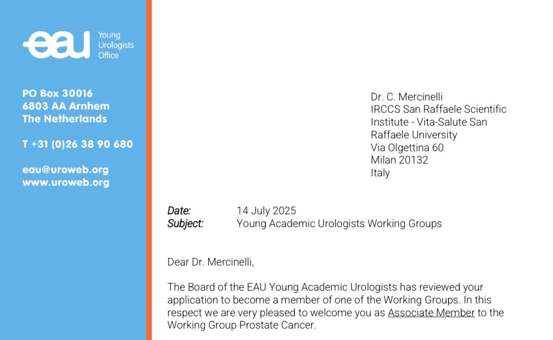 Chiara Mercinelli (@cmercinelli) on Twitter photo Proud to share that I’m officially part of the <a href="/EAU_YAUProstate/">EAU YAU Prostate Cancer Working Group</a> working group of the <a href="/Uroweb/">European Association of Urology (EAU)</a>
It’s a great honour to be part of this international network ➡️ truly looking forward to growing through this experience! Proud to share that I’m officially part of the <a href="/EAU_YAUProstate/">EAU YAU Prostate Cancer Working Group</a> working group of the <a href="/Uroweb/">European Association of Urology (EAU)</a>
It’s a great honour to be part of this international network ➡️ truly looking forward to growing through this experience!