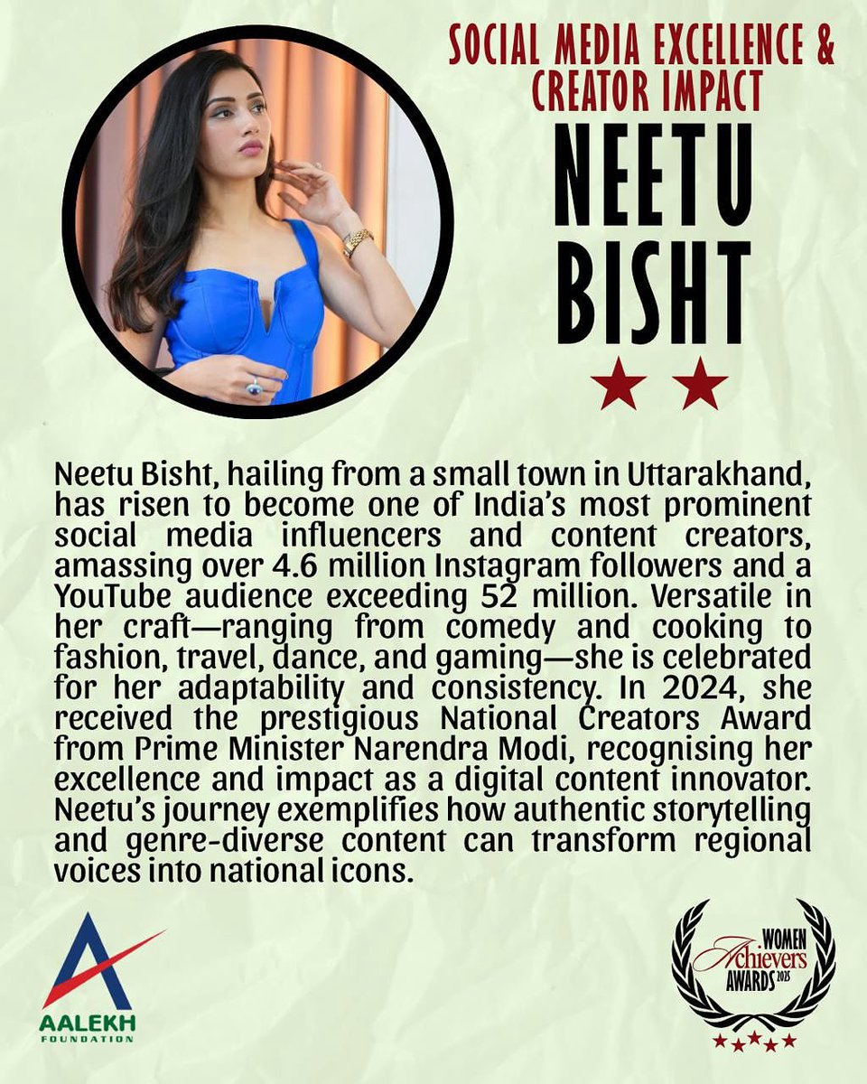 AalekhFoundOrg's tweet image. One of India’s most celebrated content creators — Neetu Bisht is one of the 20 incredible women being honoured at the Aalekh Foundation Woman Achievers Award – 3rd Edition for her social media excellence and creator impact.
#AalekhAchievers2025 #WomenContentCreators