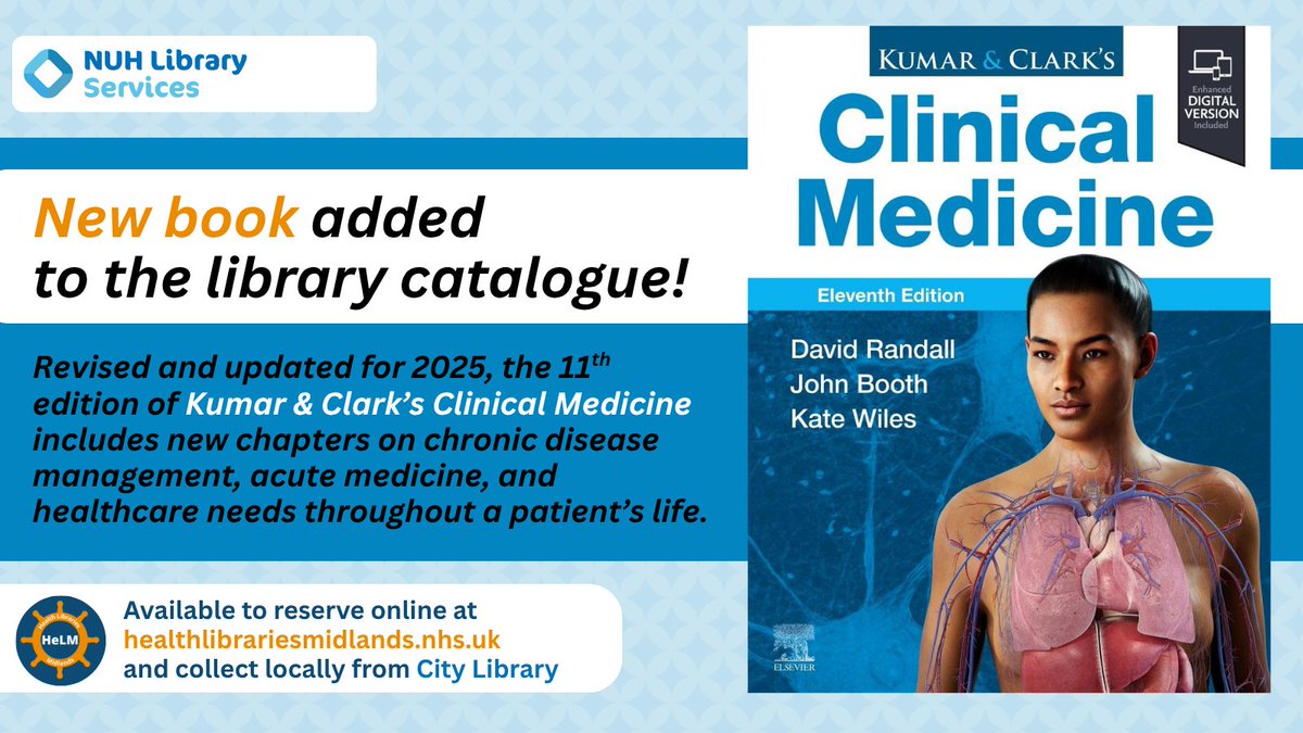 📖 New book added to our catalogue! 📖

The 11th edition of Kumar &amp; Clark's Clinical Medicine is now available at City Library. Reserve online for local collection at healthlibrariesmidlands.nhs.uk. 🩺