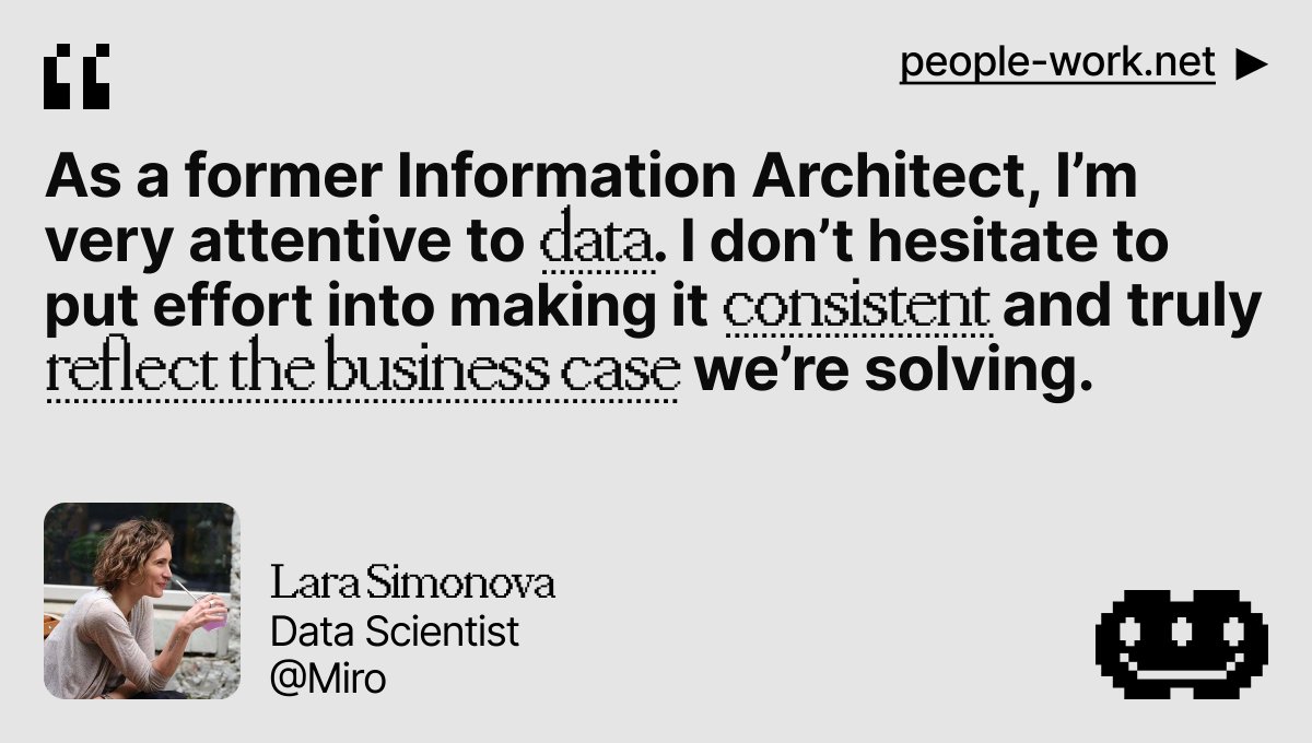 heypeoplework's tweet photo. What does a **Data Scientist** actually do?   
Real experience from Lara Simonova at Miro.      

Experience: 15 years   
Space: Visual Collaboration Software 
Location: Amsterdam, NL

https://t.co/DGg6b1odP8 https://t.co/QtnrXhpOq1
