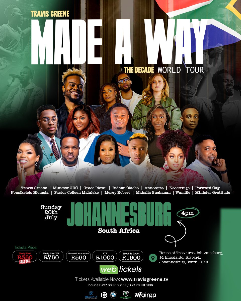 🚨 This Sunday! 🚨

One Gospel is proud to partner with @travisgreenetv for the Made A Way: The Decade World Tour — and it's finally landing in Johannesburg! 🙌🏾🔥

🗓️ 20 July 2025
📍 House of Treasures Ministries, Johannesburg

🎟️ Tickets are selling FAST — secure yours now!