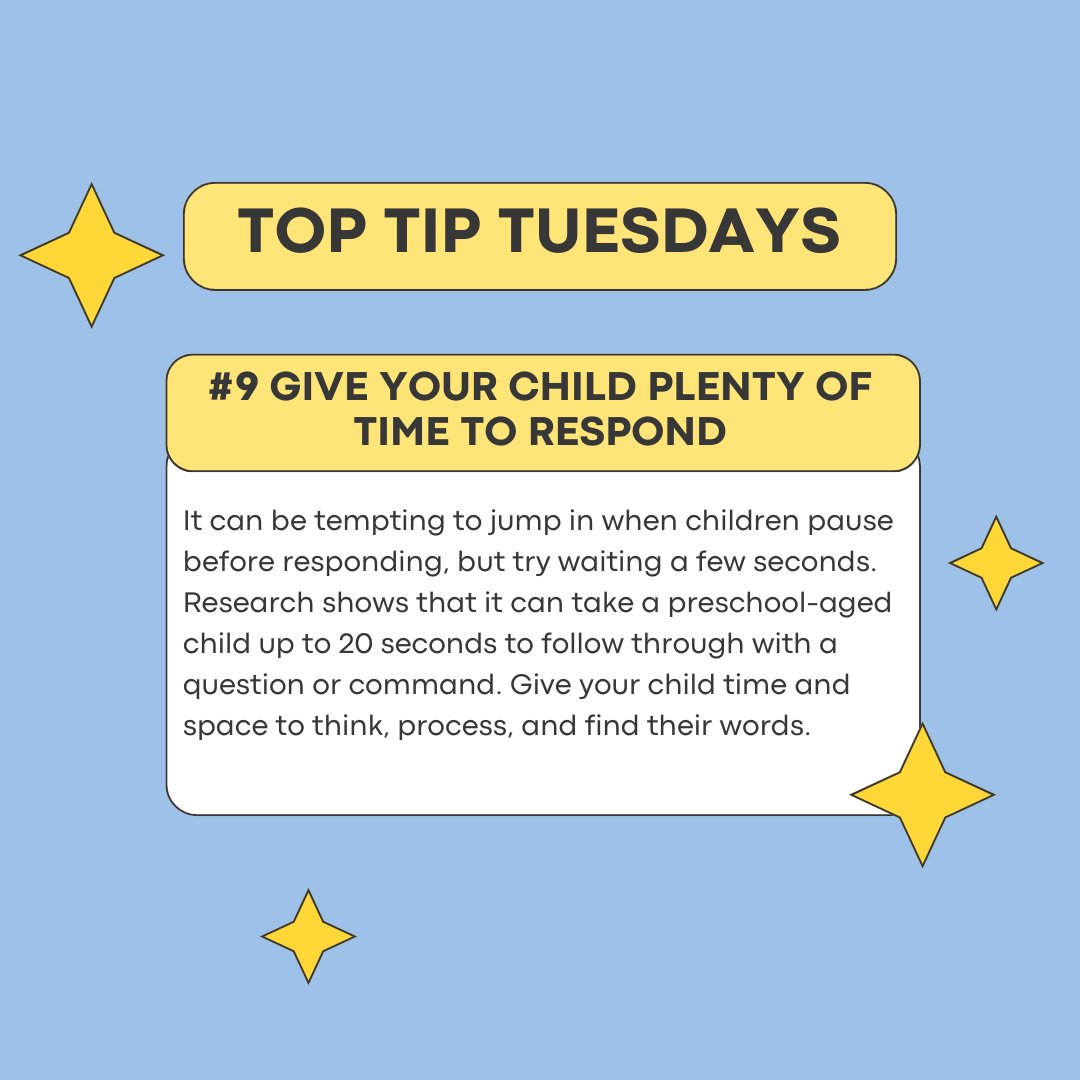 littleTalkSLT's tweet image. ⏳ Top Tip Tuesday ⏳
#9 Give Your Child Plenty of Time to Respond
It might feel natural to jump in when your child pauses, but sometimes… silence is golden!
Preschoolers can take up to 20 seconds to process a question and respond, and that’s completely okay.
#TopTipTuesday