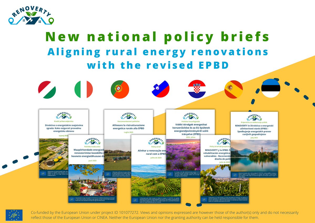 RENOVERTYLife's tweet image. 🎉 We just released 7 new Policy Briefs in 7 languages to tackle #RuralEnergyPoverty! 🏡💡
Learn how #RENOVERTY is aligning rural renovations with the #EPBD. Discover tailor-made solutions for energy-efficient homes & just transition.
➡️Read them here: ieecp.org/2025/07/15/ren…