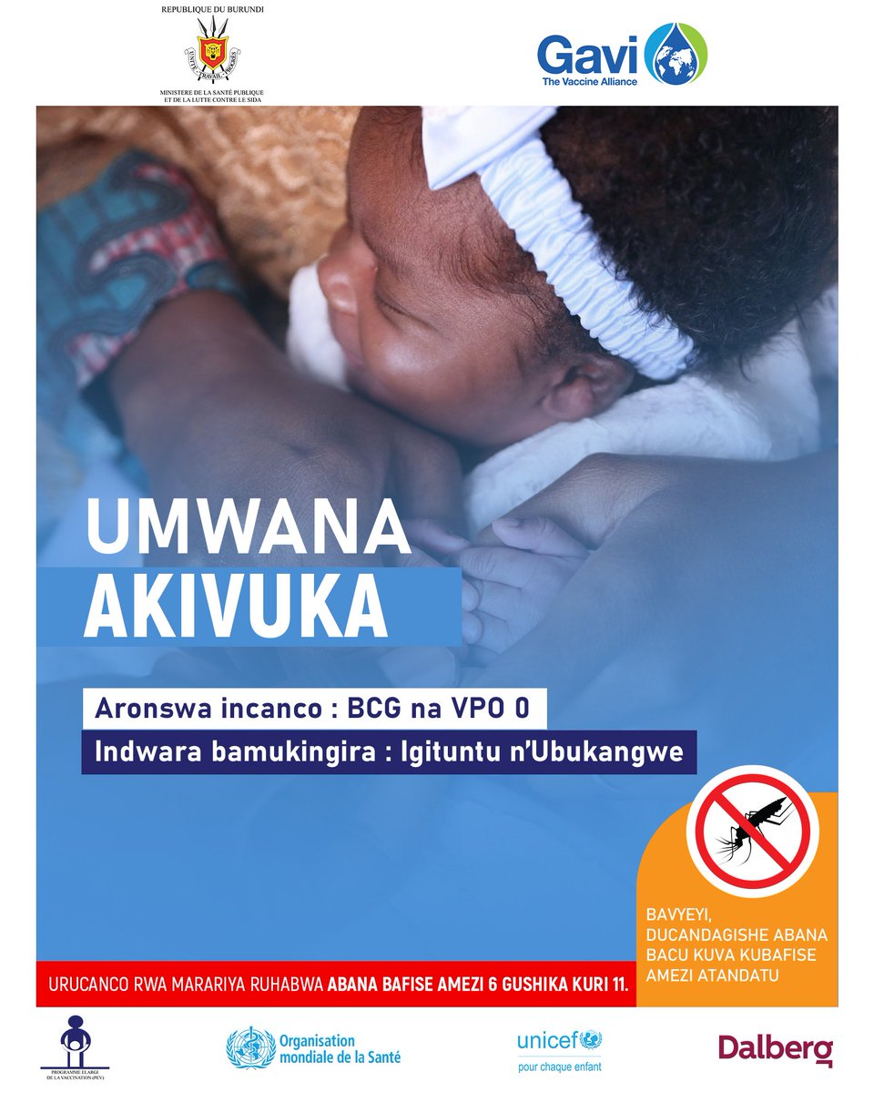 👶 Umwana akivuka araronswa icanco zibiri. 

🤱🏾 Bavyeyi twijukire gucandagisha abana bacu ni ngirakamakamaro ku magara yabo.

📌 MN: Urucacanco rukinga indwara ya Marariya baruhabwa guhera ku mezi 6.

#Incanco #PEV #Burundi
