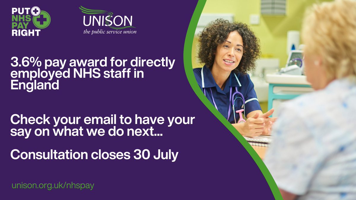 UNISONOurNHS's tweet image. There's still time to have your say in our NHS pay consultation for England.
Check your email for your personal voting link, and let us know whether you would be willing to take industrial action to seek an improvement to this year's 3.6% pay award.
unison.org.uk/nhspay