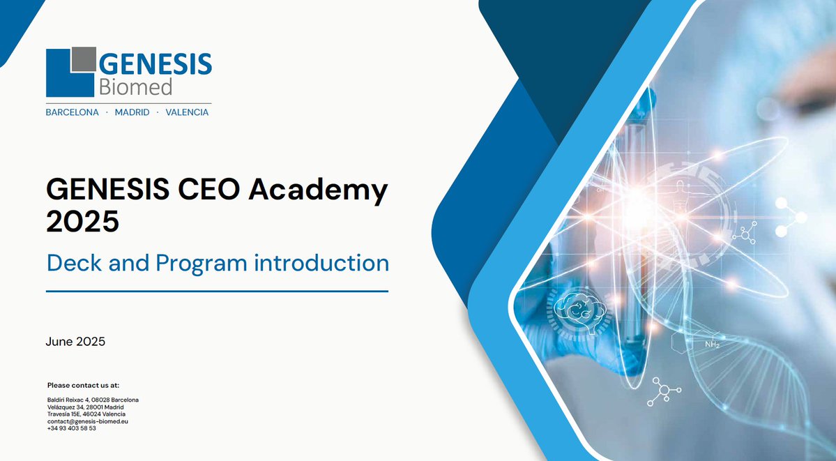 🎯 ¡ Solo quedan 3 dias! Si quieres inscribirte en el programa GENESIS CEO Academy, programa diseñado para impulsar el liderazgo en el sector salud y biomedicina. La inscripción finaliza el 18 de julio.
🔗 Consulta todos los detalles y cómo aplicar aquí: genesis-biomed.com/genesis-ceo-ac…