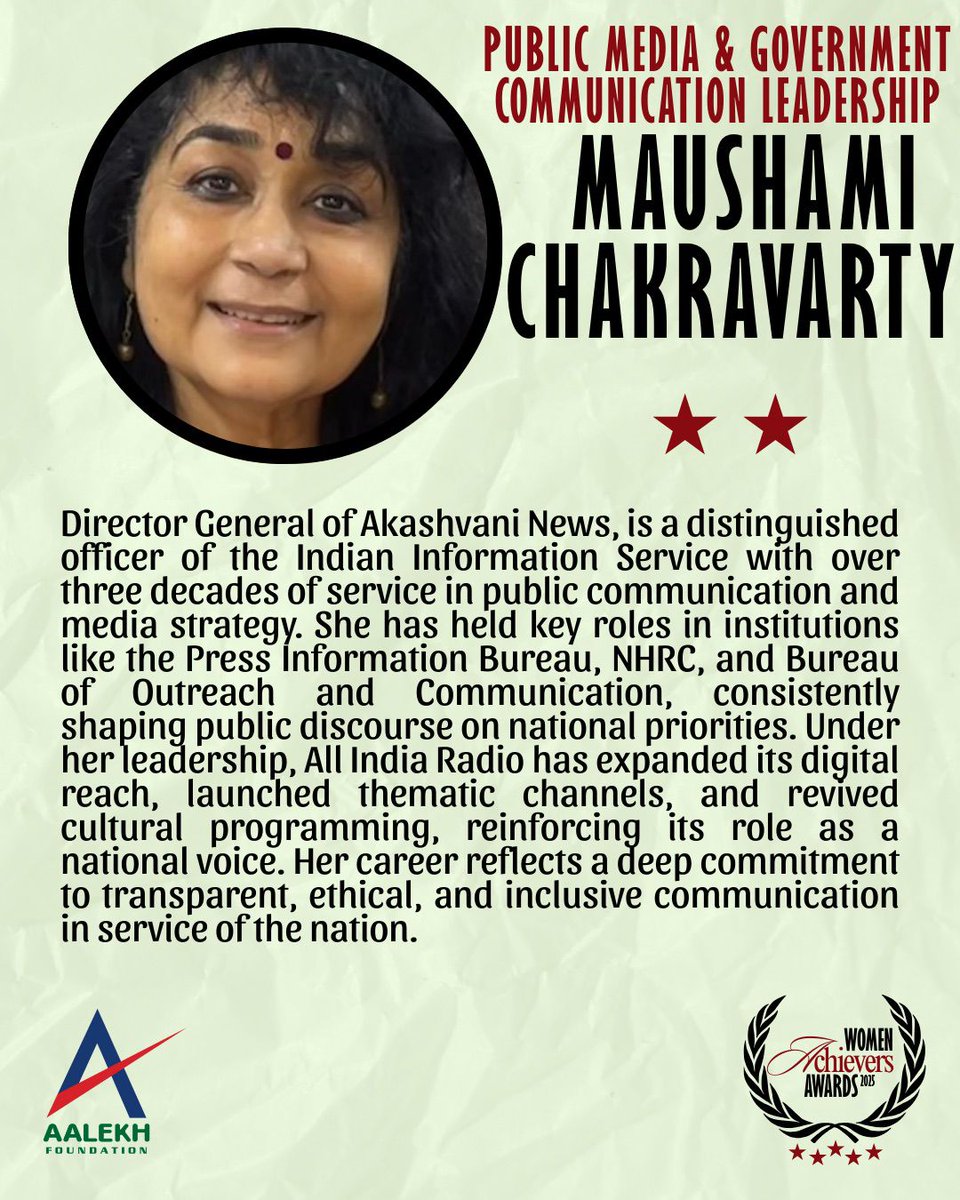 AalekhFoundOrg's tweet image. Meet Maushami Chakravarty, one of the 20 remarkable women being honoured at the Aalekh Foundation Woman Achievers Award – 3rd Edition, recognized for her leadership in public media and government communication.
#AalekhAchievers2025 #PublicMediaLeadership #WomenInGovernance