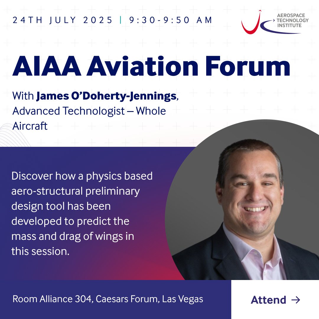 Driving progress towards a new vision for aviation by 2050. ⌛ 

The ATI's James O’Doherty-Jennings, Advanced Technologist – Whole Aircraft, will be speaking at this year's <a href="/aiaa/">AIAA</a> Aviation Forum in Las Vegas.

🗓️ 9:30AM - 9:50AM on 24th July

Discover more: ati.org.uk/ati_events/aia…