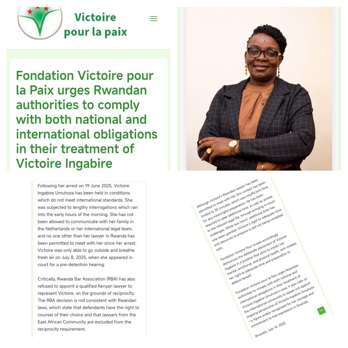 🚨 ALERT — Fondation Victoire pour la Paix denounces the inhumane detention of Victoire Ingabire Umuhoza. Her rights are being violated. We urge Rwanda to comply with its legal obligations &amp; call on global leaders to speak out. #JusticeForVictoire 👉fvplp.com/victoire/state…