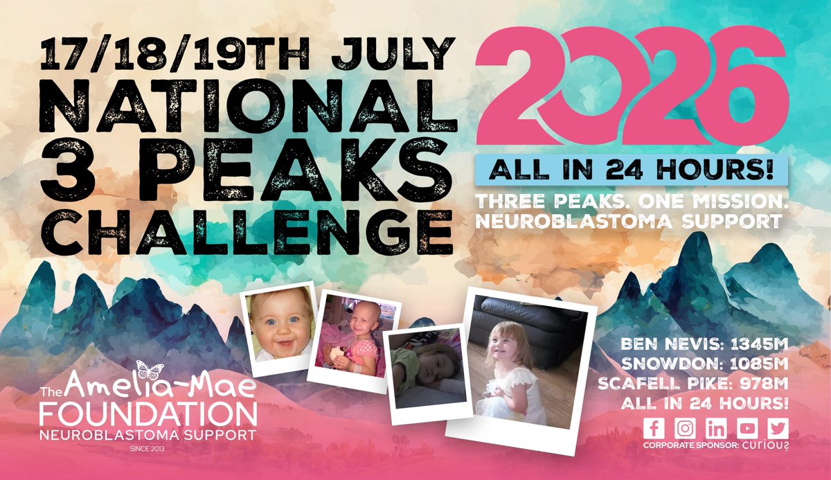 🚨 NATIONAL 3 PEAKS CHALLENGE 2026 🚨

📅 17–19 July
⛰️ 3 peaks in 24hrs
🎗️ For #neuroblastoma support

This year:
✅ 35 trekkers
💥 £25K+ raised
✍🏼 ameliamaefoundation.co.uk/three-peaks

#3PeaksChallenge