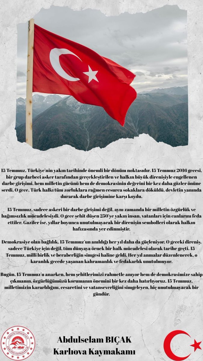 Kaymakamımız Sayın Abdulselam BIÇAK, ın ‘’15 Temmuz Demokrasi ve Milli Birlik Günü’’ Mesajı