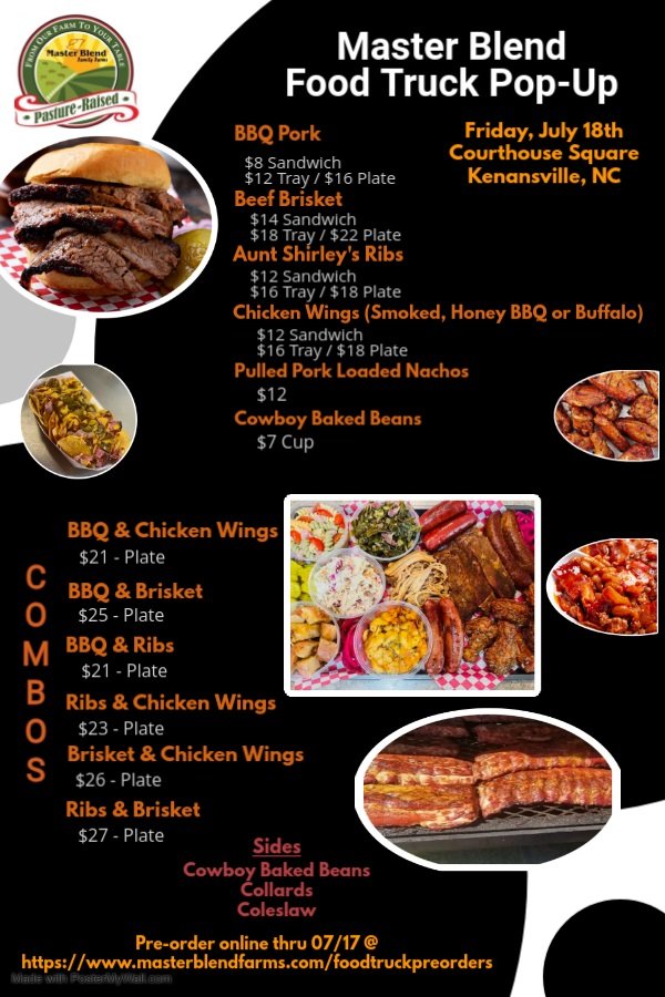 We can't wait to see you all on Friday, July 18th, at the Courthouse Square in Kenansville. We will be bringing back all of your favorite smoked meats along with our new combo options. As we attempt to be the heat, be sure to take care of yourselves and each other. All Gas No