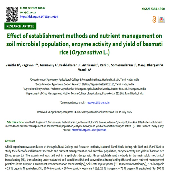 Effect of establishment methods and nutrient management on soil microbial population, enzyme activity and yield of basmati rice (Oryza sativa L.) - doi.org/10.14719/pst.9…
