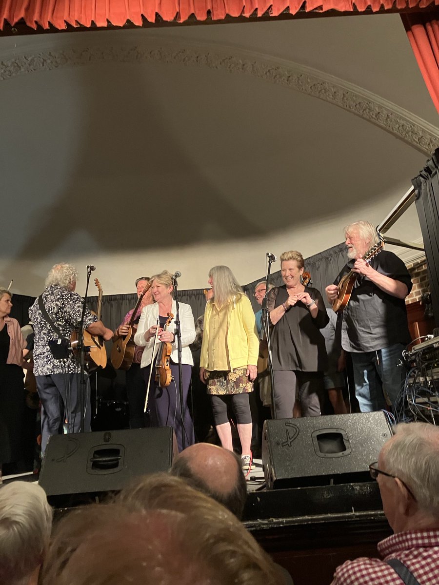 It was difficult to get all the musicians on the stage for the encore at the Nettlebed FC 50th birthday celebration last night. Maddy Prior was a surprise late addition to the excellent line up.
Paul Downes led the group in singing ‘I Want to see the Bright Lights Tonight’