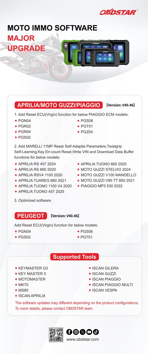 #OBDSTAR #Motorcycle #SoftwareUpgrade
MOTO IMMO🌟
APRILIA/MOTO GUZZI/PIAGGIO【V40.46】
PEUGEOT【V40.46】

#Motorcyclerepair #MotoTech #MotrocycleScanner #PIAGGIO #PEUGEOT