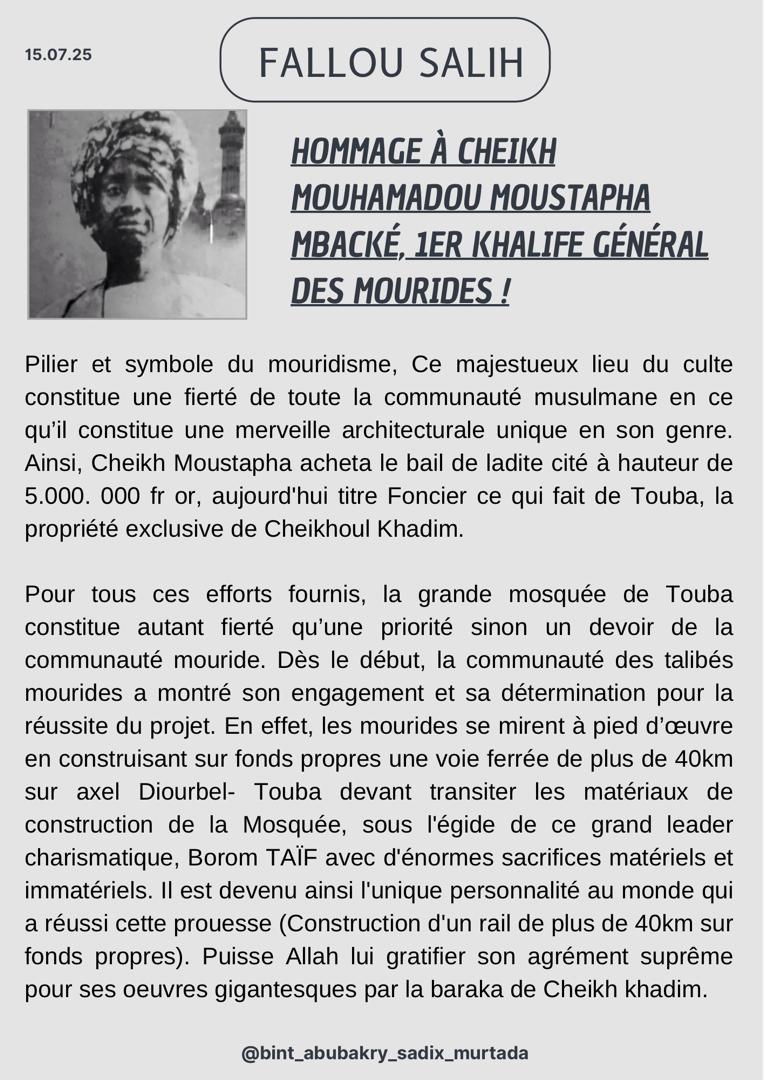 Hommage à Cheikh Mouhammad Moustapha, 1er Khalife Général des Mourides !

<a href="/LigeykatubMamam/">Mbacke</a>