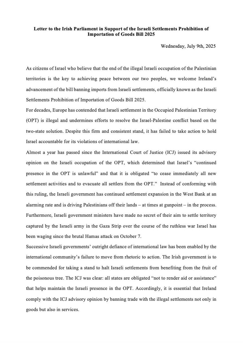 IsraelPolicy's tweet image. One year ago, the ICJ determined Israel's presence in oPt is unlawful and must cease immediately. Instead the Israeli government has escalated settlement expansion.
Leaders of PWG joined this letter to the Irish Parliament in support of a ban on products from Israeli settlements