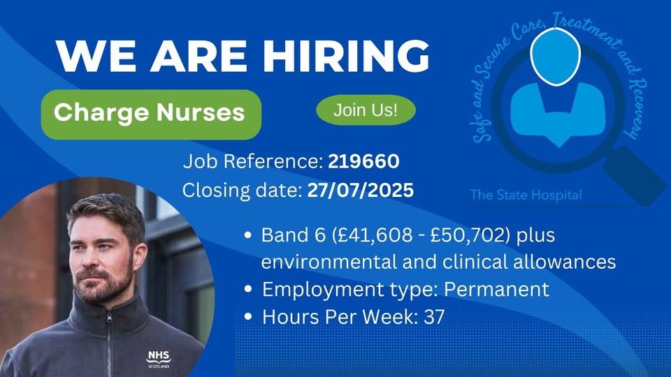 TheStateHospit1's tweet image. An exciting opportunity has arisen for Charge Nurses (Qualified in Mental Health or Learning Disability) to join our innovative and dynamic nursing management team here at the State Hospital. apply.jobs.scot.nhs.uk/Job/JobDetail?…