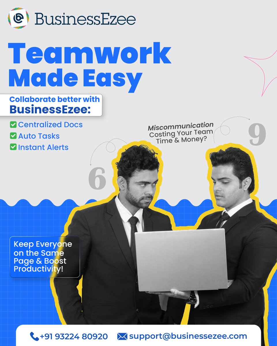 businessezee's tweet photo. Tired of team miscommunication draining time &amp; money?
 💼Use BusinessEzee for:
 ✅Centralized Docs
 ✅Auto Tasks
 ✅Instant Alerts
🛠️ Align teams, boost productivity!
 📩support@businessezee.com | 📞 +91 93224 80920
#TeamworkTools #ProductivityHack #BusinessSolution #BusinessEzee https://t.co/FRWVQvCAgp
