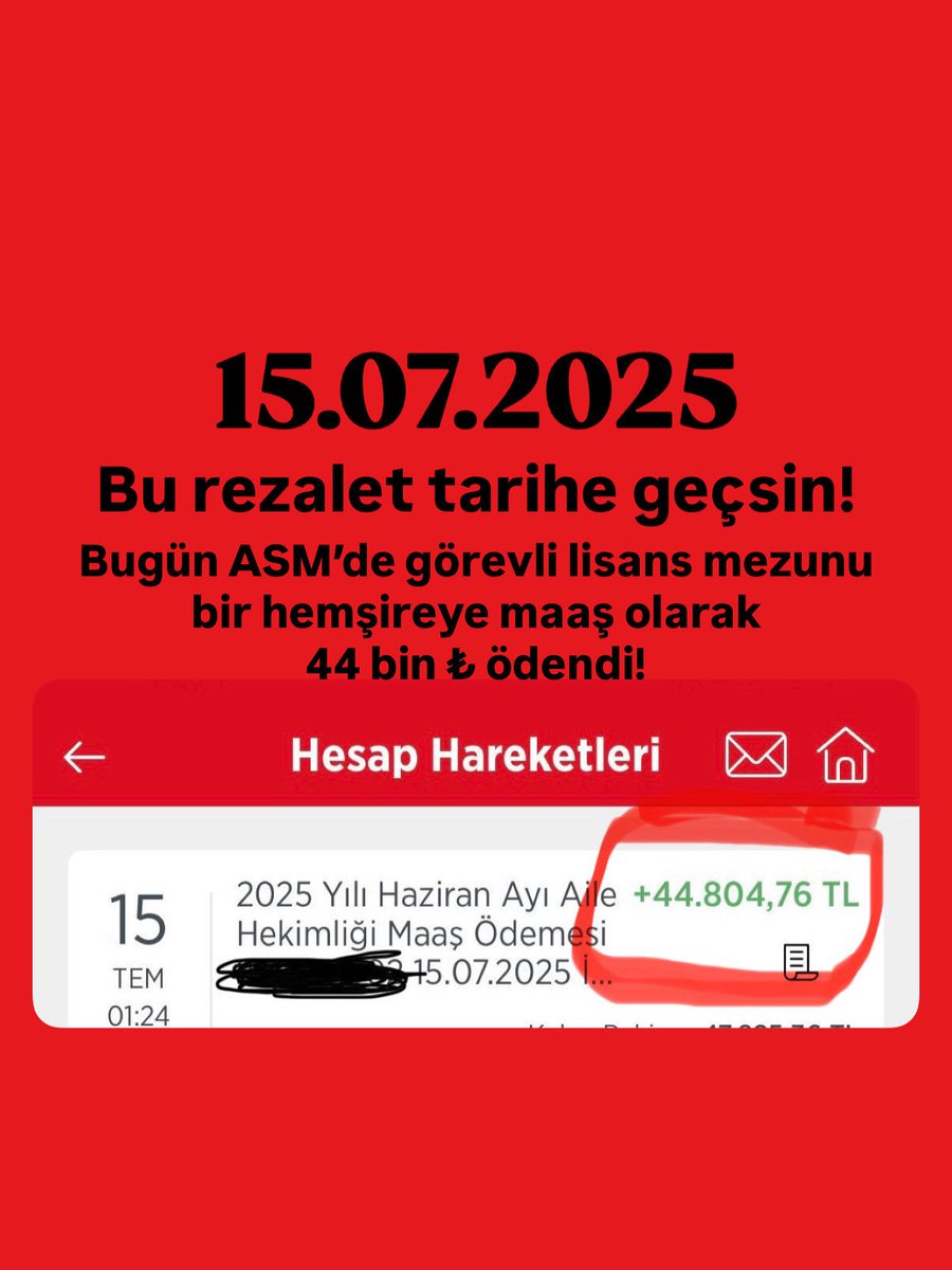 REFORM, DÖNÜŞÜM, DESTEK, TEŞVİK, DÜZENLEME, MÜJDE!!!!
Bugün ASM’de görevli lisans mezunu bir hemşireye ücret olara 44 bin ₺ maaş ödendi.
Şu ücreti yatırırken UTANMADINIZ MI?
Ebesiz Hemşiresiz kalacaksınız!!!
<a href="/RTErdogan/">Recep Tayyip Erdoğan</a> 
<a href="/saglikbakanligi/">T.C. Sağlık Bakanlığı</a> 
<a href="/drmemisoglu/">Prof. Dr. Kemal Memişoğlu</a> 
<a href="/suayipbirinci/">Doç. Dr. Şuayıp Birinci</a>