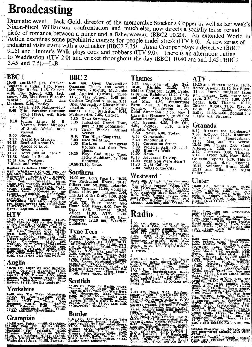 15th July 1974:

13:30 Emmerdale Farm (ITV)
ok.ru/video/10154560…

18:40 Whodunnit? - Goodbye Sarge (ITV)
ok.ru/video/10154612…

Whodunnit? Presented by Jon Pertwee, the panel includes Rodney Bewes &amp; George Sewell. The play features John Challis.