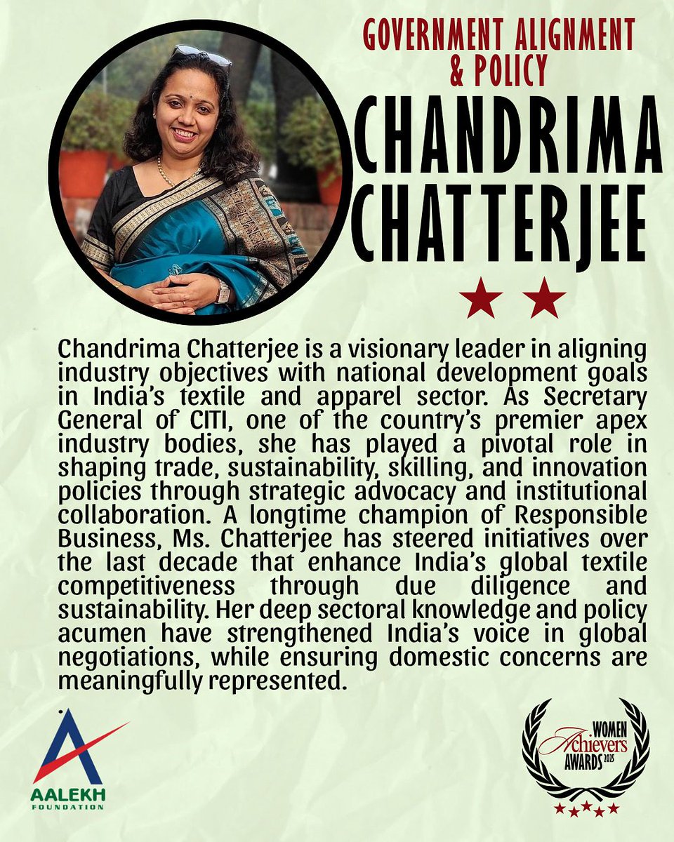 AalekhFoundOrg's tweet image. One of the 20 Aalekh Foundation Women Achievers Awardees, Chandrima Chatterjee is a trailblazer in aligning India’s textile and apparel industry with global policy and sustainability goals.
#ChandrimaChatterjee #WomenAchievers2025 #PolicyLeadership #TextileIndustry