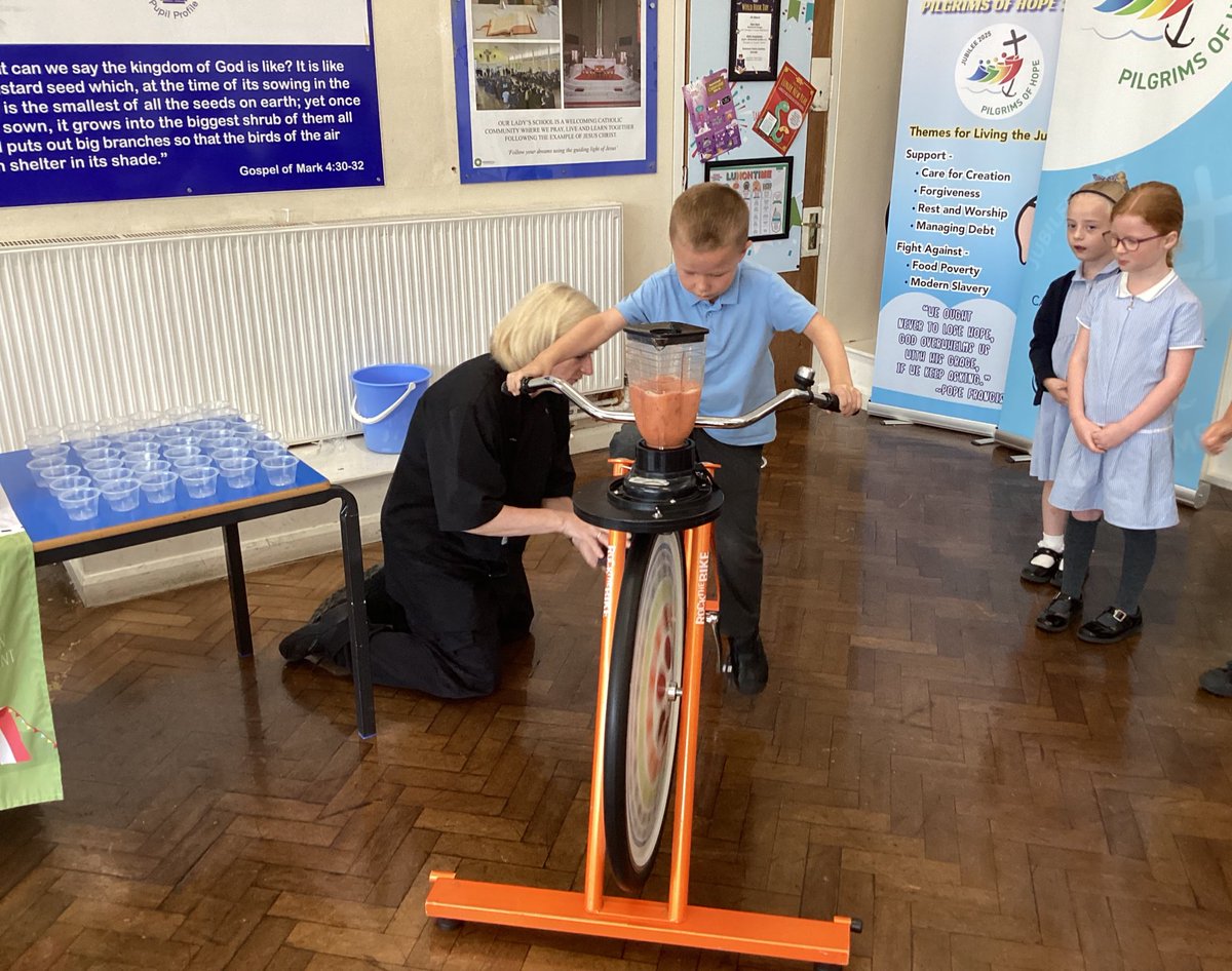 Year 1 using the smoothie bike to mix their fruit to make their delicious smoothies <a href="/OurLadyandAllS1/">Our Lady and All Saints Catholic MAC</a> #CatholicLife