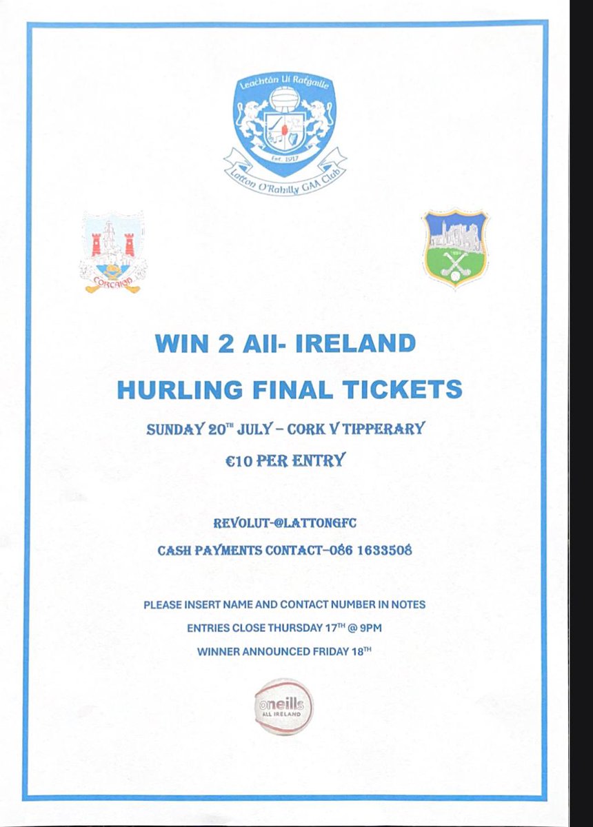 Latton O'Rahilly GAA (@lattongaa) on Twitter photo ✴️✴️✴️ All Ireland Hurling Final Draw ✴️✴️✴️
Get your entries in to be up for a chance to win 2 tickets to this weekend's All Ireland Hurling Final. 🤞
<a href="/OfficialCorkGAA/">Cork GAA</a> <a href="/TipperaryGAA/">Tipperary GAA</a> ✴️✴️✴️ All Ireland Hurling Final Draw ✴️✴️✴️
Get your entries in to be up for a chance to win 2 tickets to this weekend's All Ireland Hurling Final. 🤞
<a href="/OfficialCorkGAA/">Cork GAA</a> <a href="/TipperaryGAA/">Tipperary GAA</a>