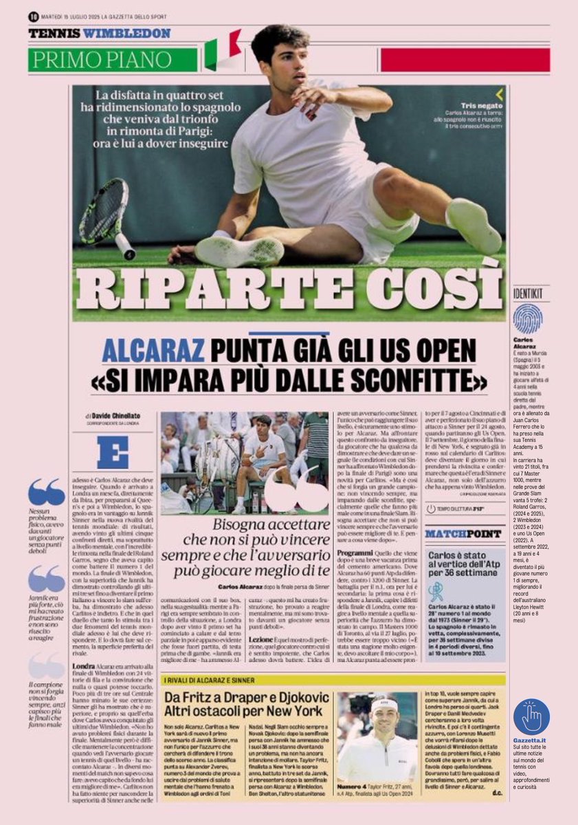 Davide Chinellato (@dchinellato) on Twitter photo Le celebrazioni per Jannik Sinner e per la sua storica vittoria sono la faccia più bella del dopo #Wimbledon.
L’altra è Carlos Alcaraz, che nella battaglia tra i due fenomeni del tennis mondiale ora si trova a inseguire. Ve lo racconto su <a href="/Gazzetta_it/">La Gazzetta dello Sport</a> Le celebrazioni per Jannik Sinner e per la sua storica vittoria sono la faccia più bella del dopo #Wimbledon.
L’altra è Carlos Alcaraz, che nella battaglia tra i due fenomeni del tennis mondiale ora si trova a inseguire. Ve lo racconto su <a href="/Gazzetta_it/">La Gazzetta dello Sport</a>