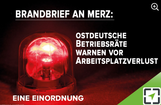 Der am  3. Juli verfasste Brandbrief ostdeutscher Arbeitnehmervertreter an Bundeskanzler Friedrich Merz warnt deutlich vor Arbeitsplatzverlusten eklatanten Ausmaßes . Schon lange sprechen wir als Zentrum diese Missstände an und benennen die Ursachen. 

zentrumgewerkschaft.de/brandbrief-ost…