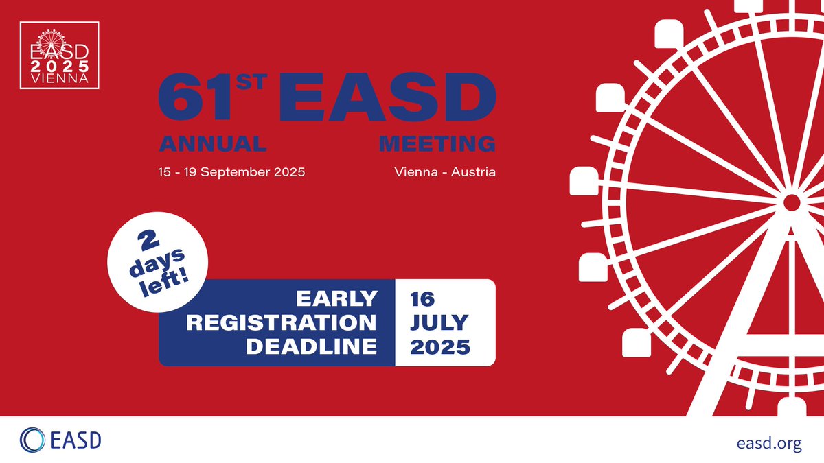 EASDnews's tweet image. ⏳Only 2 days left to take advantage of early registration savings - save 20% on standard fees!
🗓 Deadline: 16 July '25
1,000+ good reasons to join us at #EASD2025 - explore the full programme now!
🔗easd.org/annual-meeting…
👉Register today: easd.org/annual-meeting…
#diabetes