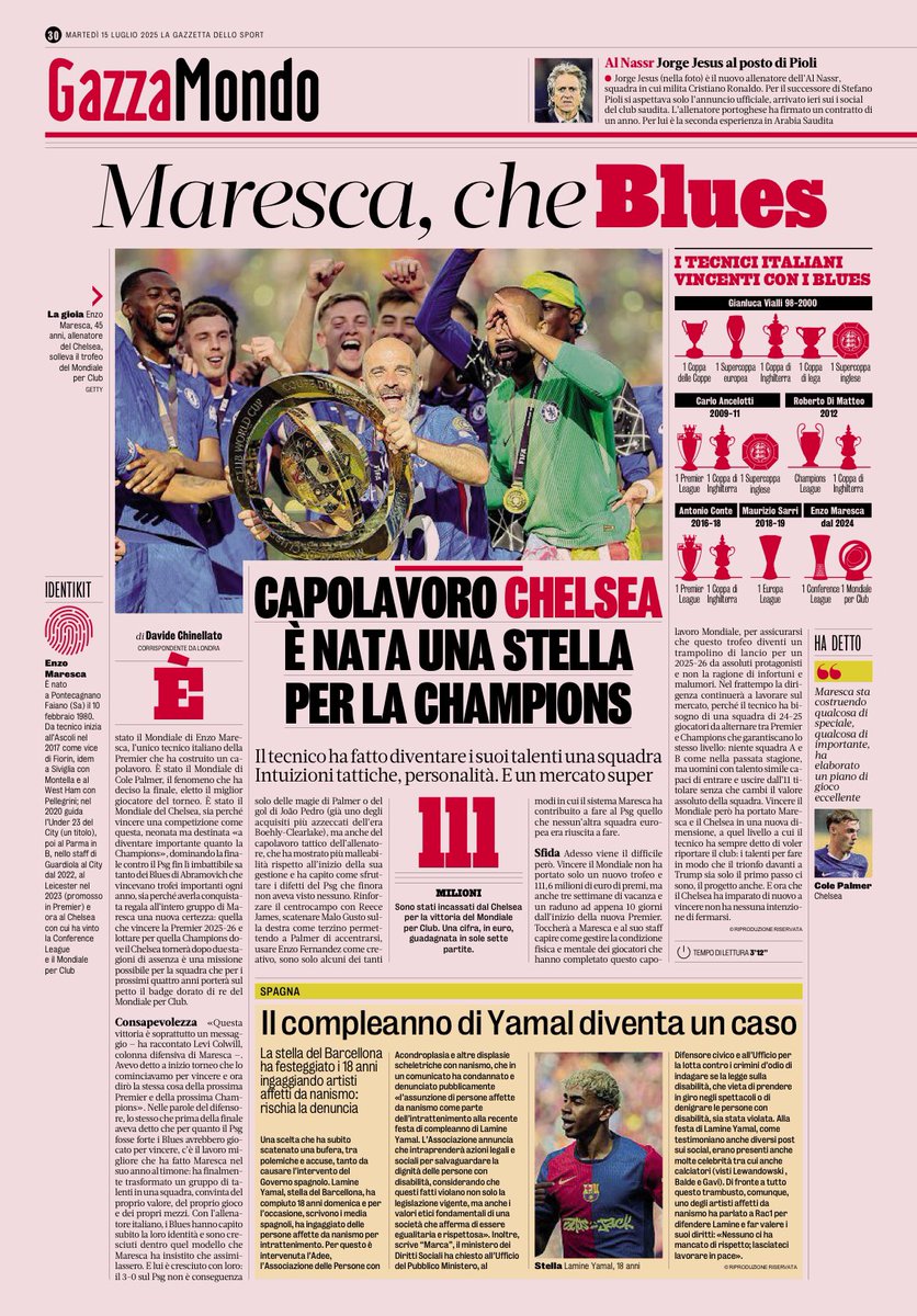 Davide Chinellato (@dchinellato) on Twitter photo Enzo Maresca ha fatto un capolavoro col Chelsea. Così grande che si è preso il Mondiale per club. E che ha convinto un gruppo che non aveva ancora vinto niente che può essere grandissimo.
Ve lo racconto su <a href="/Gazzetta_it/">La Gazzetta dello Sport</a> Enzo Maresca ha fatto un capolavoro col Chelsea. Così grande che si è preso il Mondiale per club. E che ha convinto un gruppo che non aveva ancora vinto niente che può essere grandissimo.
Ve lo racconto su <a href="/Gazzetta_it/">La Gazzetta dello Sport</a>