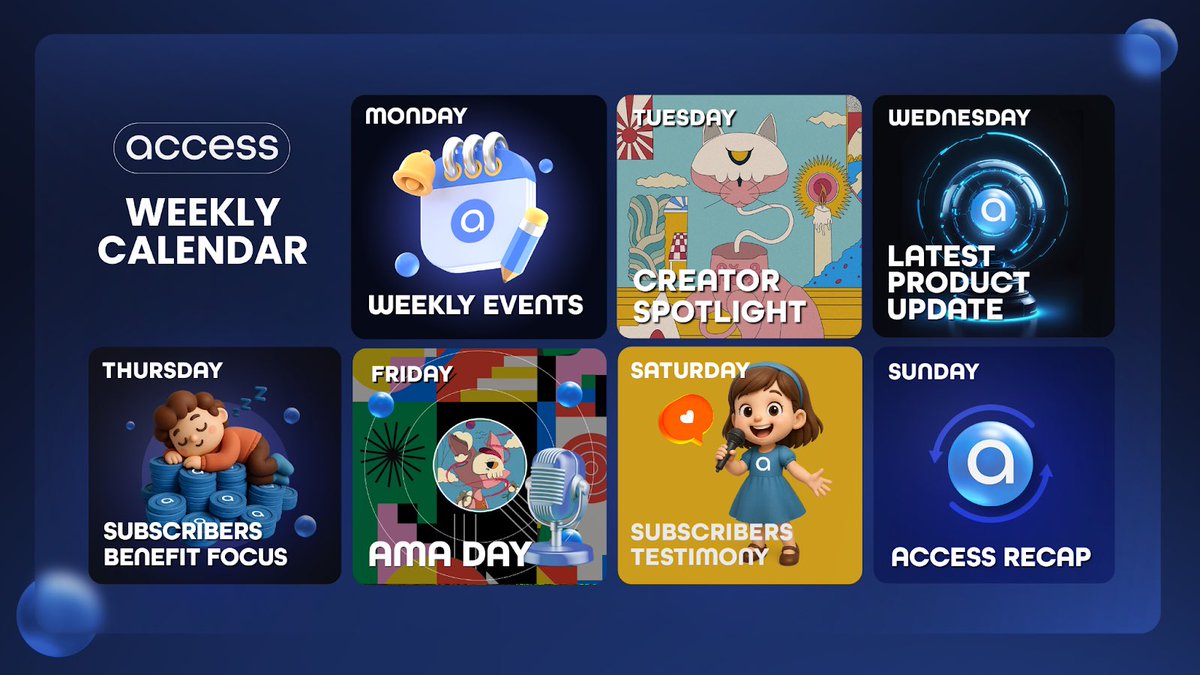 ACCESS WEEKLY: LEVELING UP

💠 Monday: Weekly Calendar

With creators vibing in the hub and major platform upgrades in the pipeline, every day delivers fresh excitement. The most rewarding adventures belong to those who show up and engage!

💠 Tuesday: Creator Spotlight -