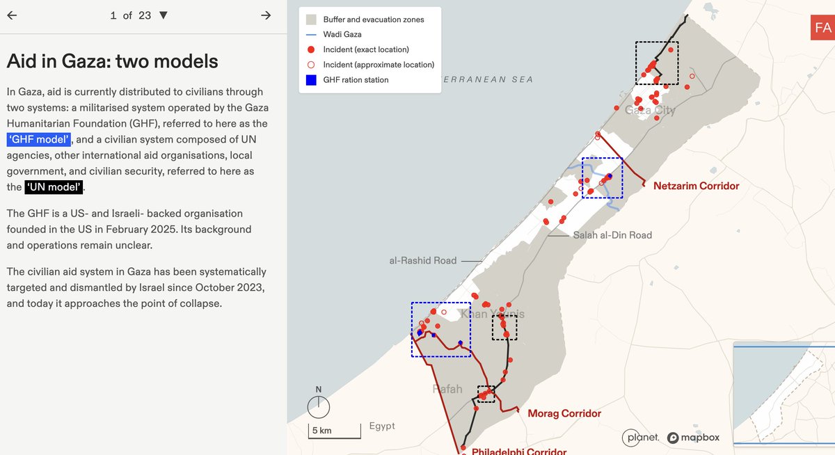 InvisibleMapper's tweet image. Again @ForensicArchi provide detailed data/visual understandings of the genocide in Gaza.
This work documents how the militarised system of 'aid' operated by the Gaza Humanitarian Foundation (GHF) acts to accelerate ethnic cleansing + kill
frames.forensic-architecture.org/gaza/aid/a-cea…