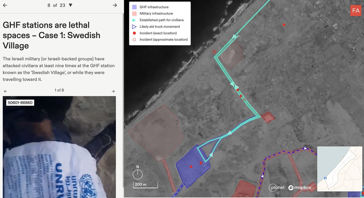 InvisibleMapper's tweet image. Again @ForensicArchi provide detailed data/visual understandings of the genocide in Gaza.
This work documents how the militarised system of 'aid' operated by the Gaza Humanitarian Foundation (GHF) acts to accelerate ethnic cleansing + kill
frames.forensic-architecture.org/gaza/aid/a-cea…