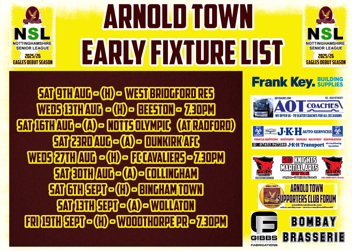 For your diary ... Arnold Town's first nine fixtures for the 2025/26 season (as they currently stand) including the first Eagle Valley league derby on Friday 19th September!
C'mon the Arna!  Support the Eagles!