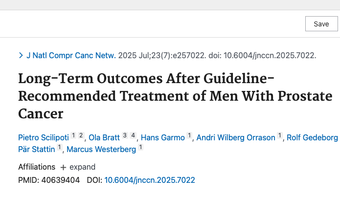 Long-Term Outcomes After Guideline-Recommended Treatment of Men With Prostate Cancer

pubmed.ncbi.nlm.nih.gov/40639404/

In a nationwide study of over 62,000 men with nonmetastatic #ProstateCancer in Sweden🇸🇪, researchers assessed long-term mortality outcomes in patients treated according