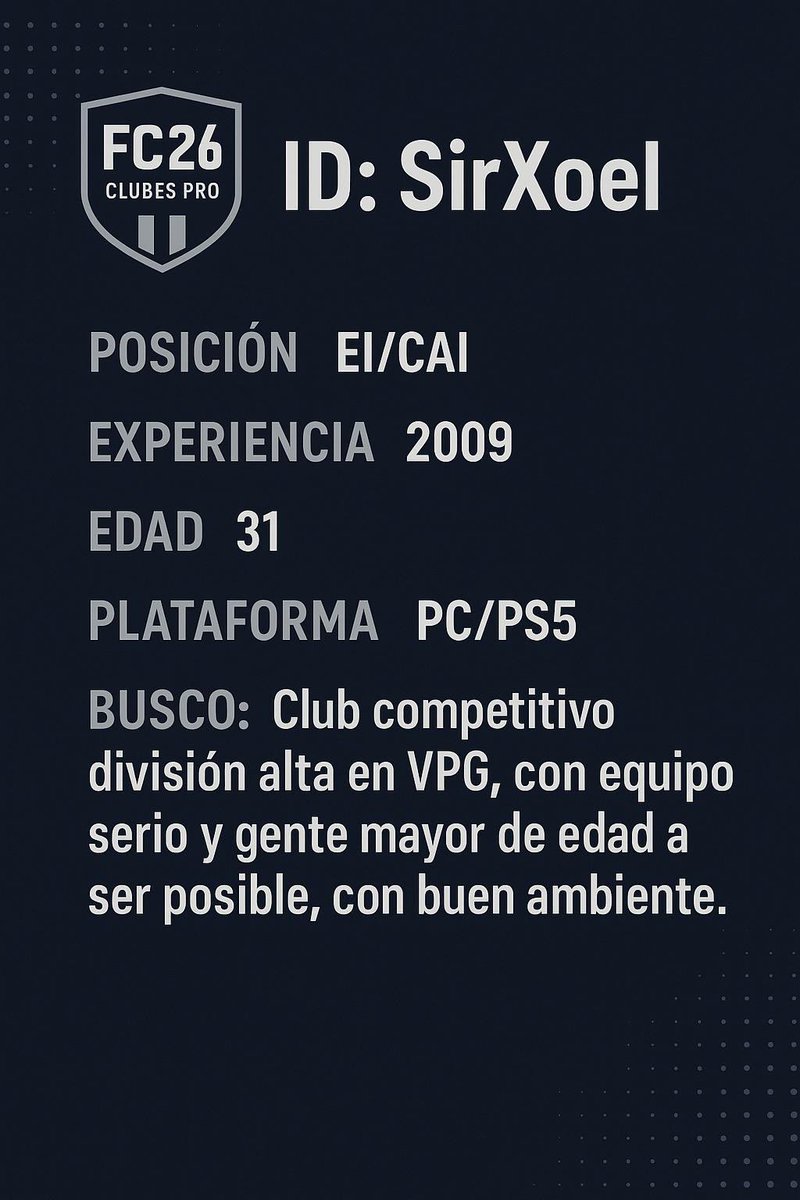 Busco club competitivo de cara a FC26 💫

Me lo tomaré con calma para elegir la mejor opción, vuelvo con ganas de conseguir cosas importantes 🏆

En <a href="/VPG_Spain/">Virtual Pro Gaming España</a>

<a href="/AyudanteSports/">AyudanteSports</a> <a href="/_chocolate3000/">AYUDAS FIFA CHOCO3K🐦</a> <a href="/ClubesProAyudas/">CLUBES PRO AYUDAS (CPA)</a> <a href="/Ayudas_clubes/">Ayudas Clubes</a> <a href="/FichajesAyudas/">Ayudas Fichajes</a> <a href="/AyudaInfoClubes/">AYUDA • INFO • 3️⃣0️⃣0️⃣0️⃣</a>