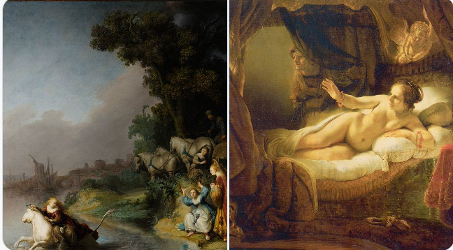 Rembrandt es uno de los grandes de la pintura, reflejó como pocos la condición humana

Nacía tal día como hoy en 1606 en Leiden

La mitología clásica tiene un papel esencial en su obra, aquí vemos
👉"El rapto de Europa" (izda)  "Dánae" (dcha)