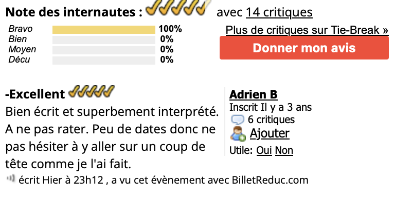 Tie-Break à la Divine Comédie jusqu'au 29 juillet 2025, les lundis et mardis à 21h15 ! (salle climatisée)  
Prochaine date le 15 juillet !!!   

Nouvel avis du matin qui fait plaisir...     

ladivinecomedie.qidoon.com/events/3403

#theatre #seulenscène #humour #sortir #comédie #spectacles
