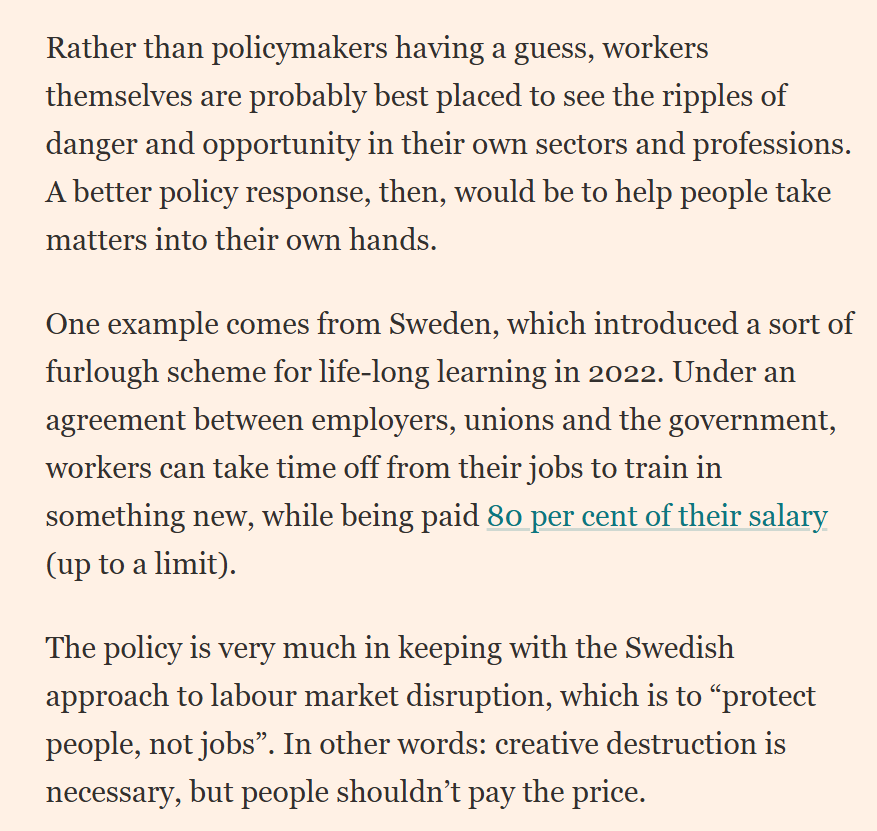 evansjoseph_'s tweet image. Sweden's furlough scheme - giving workers time off to retrain, while being paid most of their salary - could be an idea to help UK policymakers manage the impact of AI on jobs, says @sarahoconnor_
ft.com/content/a70da2…