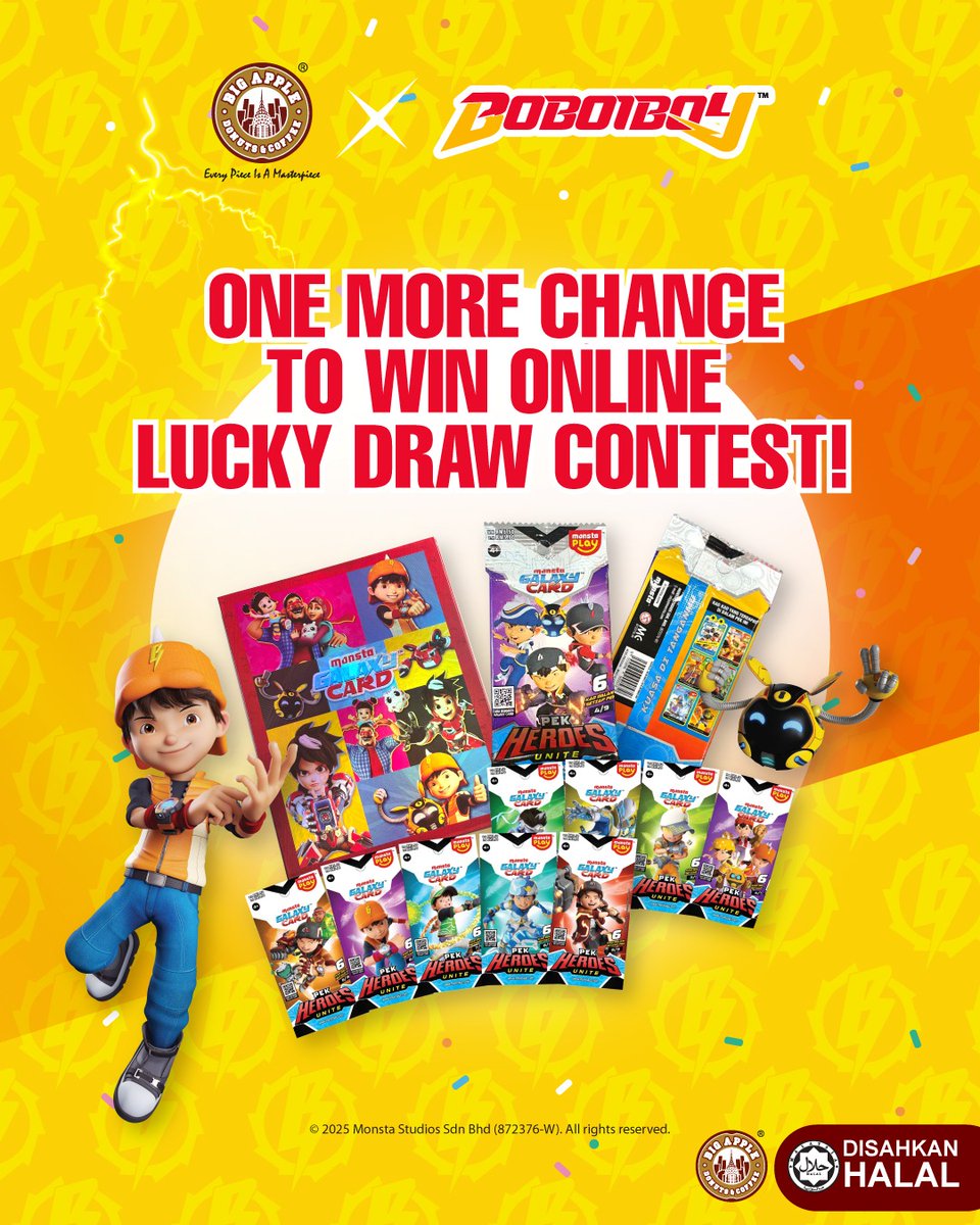 Still haven’t joined the BoBoiBoy Lucky Draw? You’ve got ONE LAST SHOT! 🎯 Win exclusive BoBoiBoy merch, cards &amp; more! 😍

#bigappledonuts #bigappledonutscoffee #bigappledonut #bigappledonutsmalaysia #Boboiboy #BoboiboyMerch