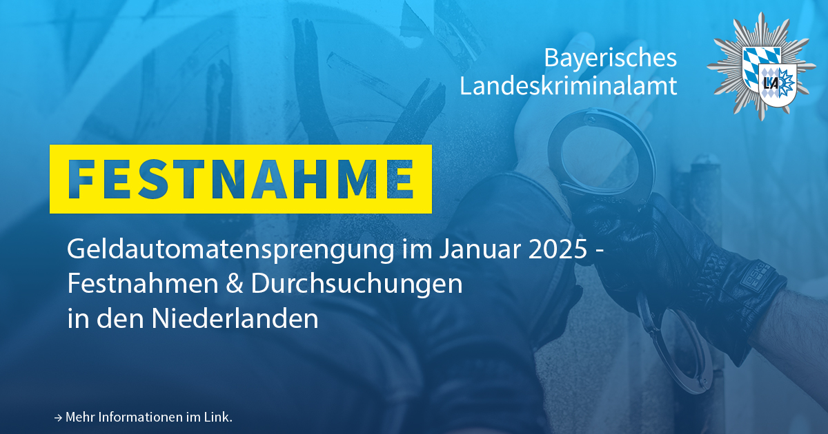 ℹ️ Bereits am 14. Januar sprengten zunächst Unbekannte in 📍Kirchdorf im Lkr. Freising (<a href="/polizeiOBN/">Polizei Oberbayern N</a>) einen Geldautomaten.

▶️ Nach Monaten der Ermittlungsarbeit konnten 2 Tatverdächtige ermittelt werden, die heute in NL #festgenommen wurden.

🌐Mehr Infos:
polizei.bayern.de/aktuelles/pres…