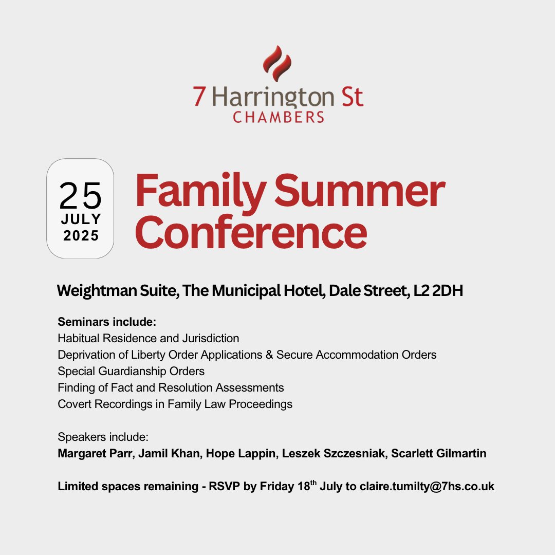 The 7HS Family Summer Conference is nearly upon us!

Date: 25 July 2025
Location: The Municipal Hotel, Liverpool

The seminar will focus on the key topics in family law with speakers from 7HS. 

RSVP by 18th July to claire.tumilty@7hs.co.uk

#FamilyLaw #7HS #LegalConference
