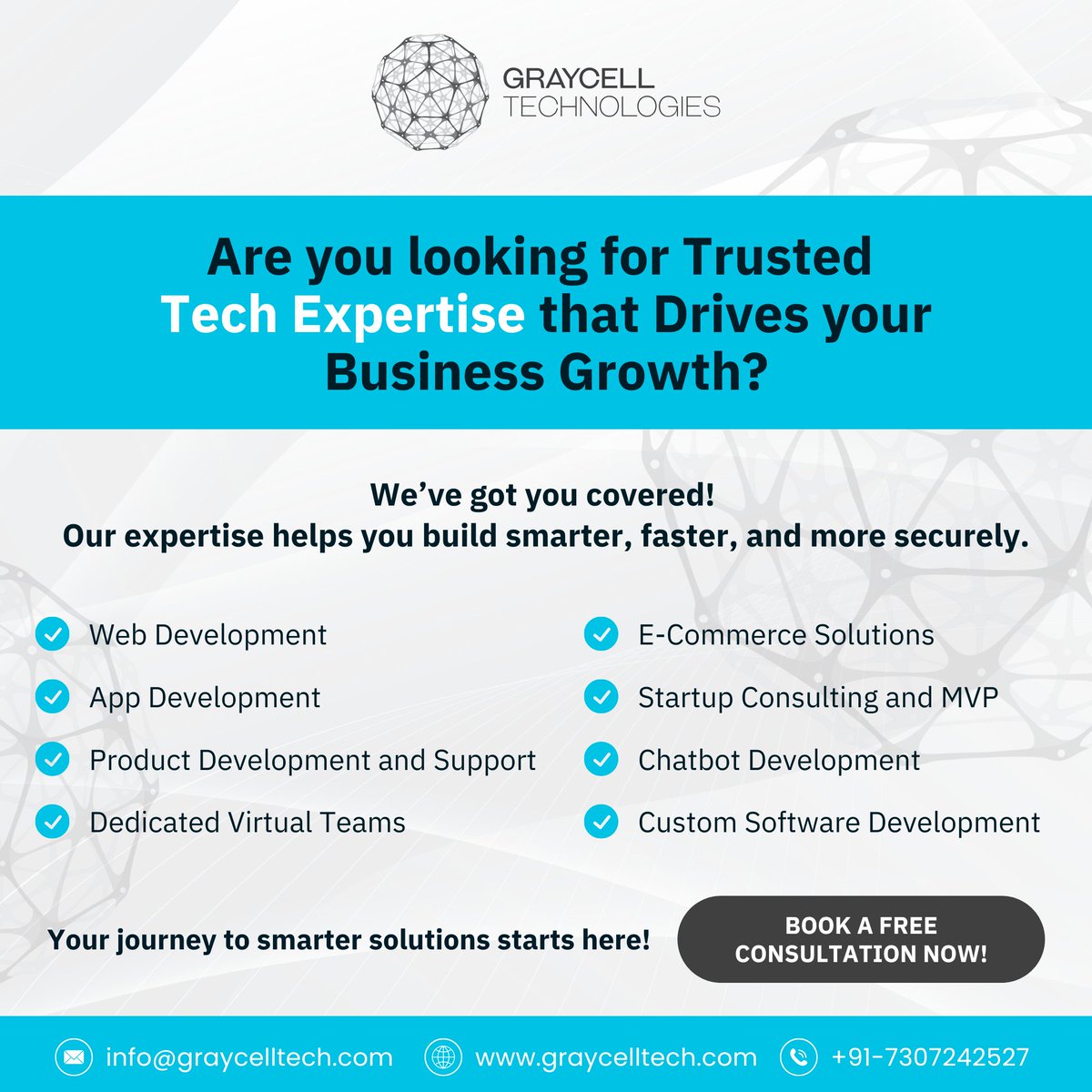 GrayCellTech's tweet image. 🚀 Need the right tech support to grow your business?
From web & app dev to custom software & startup solutions — GrayCell Technologies has you covered.
👉 Let’s build smarter: graycelltech.com/request-a-quot…
📩 info@graycelltech.com | 🌐 graycelltech.com | 📞 +91-7307242527